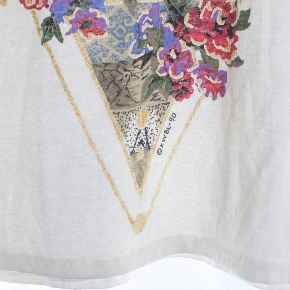 Vintage T Shirt Top‎ Women White Floral Glitter Cotton Single Stitch 90s Large